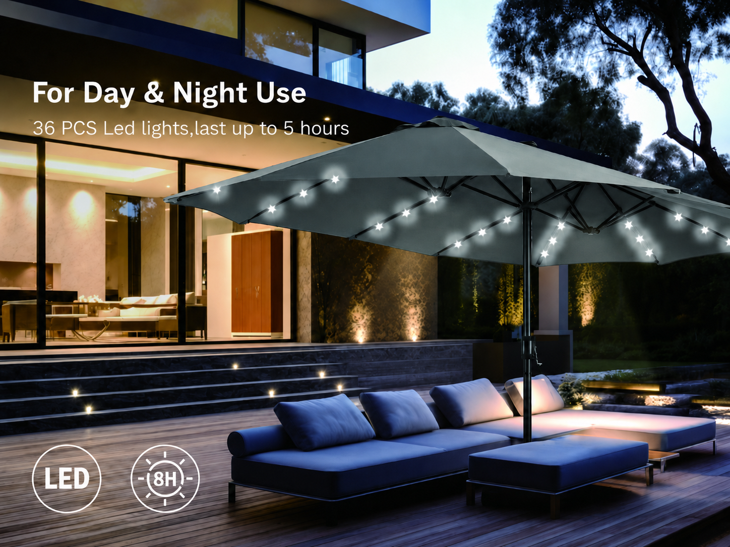 Solar patio umbrella with integrated LED lighting for day and night use