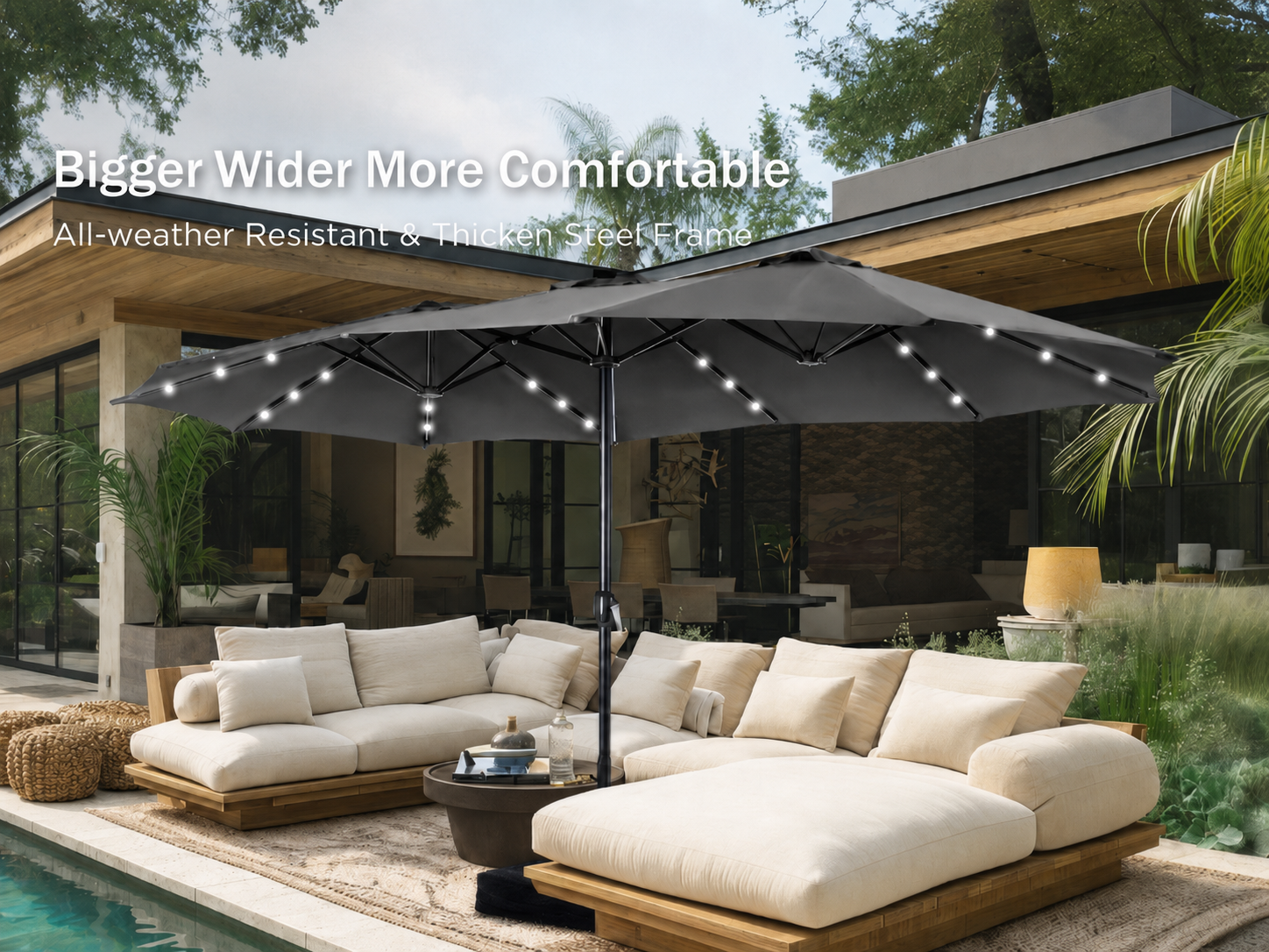 Large reinforced outdoor umbrella covering a spacious patio sofa