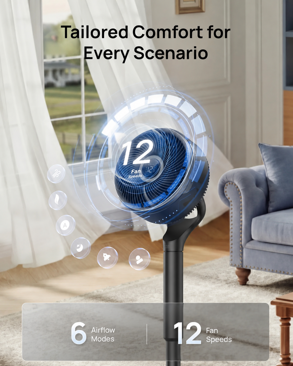 VortexFlow X3 Smart Air Circulator Fan – 2-in-1 Tabletop & Pedestal Design with 3D Oscillation, 12 Speeds & Ultra-Quiet Operation