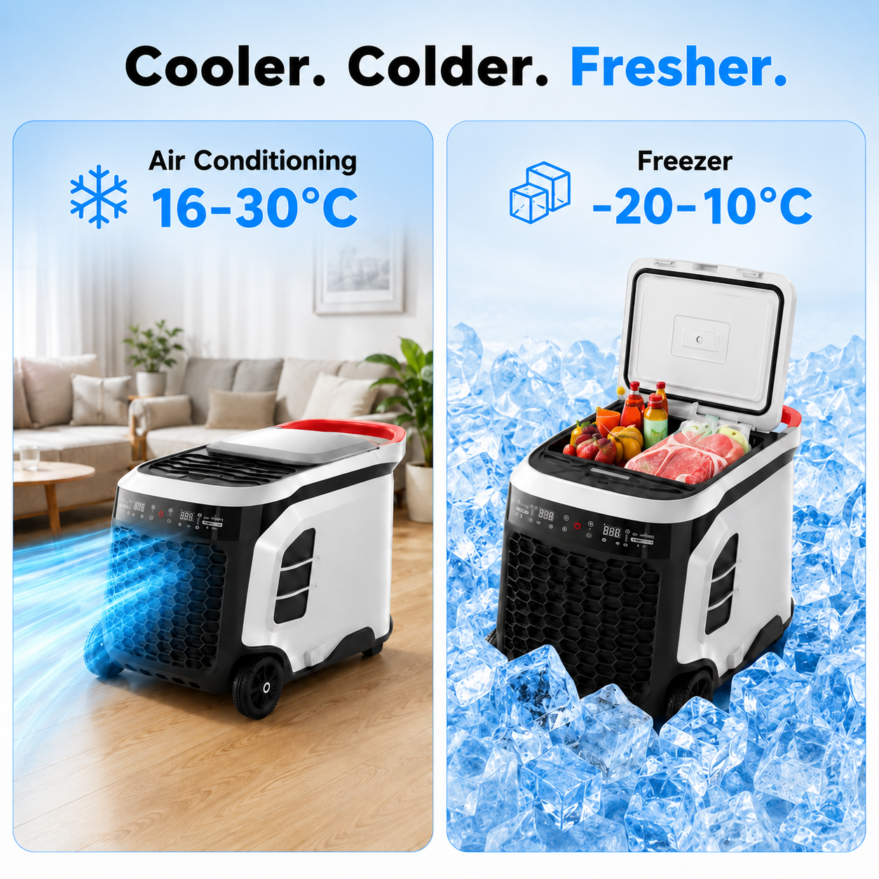 2-in-1 Portable Air Conditioner & Freezer for Camping and Van Life – Rapid Cooling, Deep Freezing, Food & Drink Chilling Anywhere