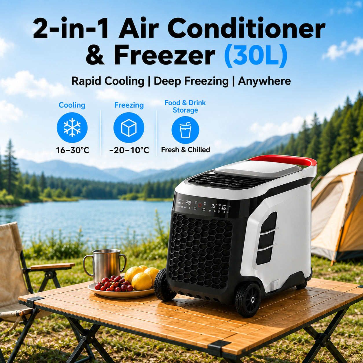 2-in-1 Portable Air Conditioner & Freezer for Camping and Van Life – Rapid Cooling, Deep Freezing, Food & Drink Chilling Anywhere
