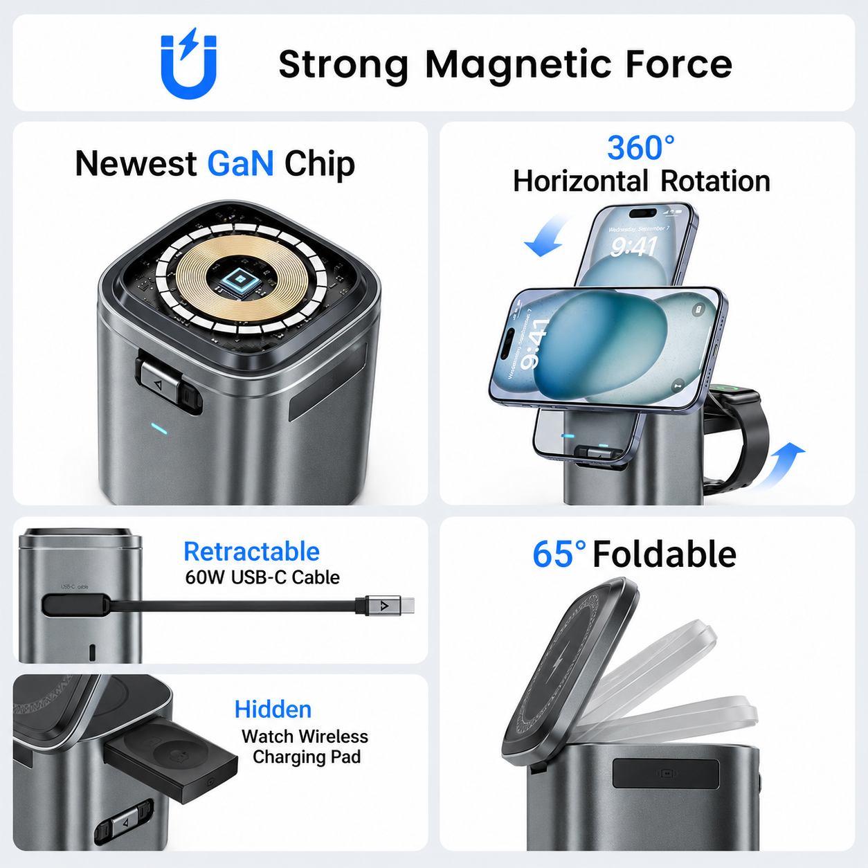 6-in-1 100W GaN Fast Charging Station for iPhone 17 16 Series,with USB C Retractable Cable,Qi2 25W Magnetic Wireless Charger Desktop Stand for iWatch/for Samsung Galaxy Watch/Airpods