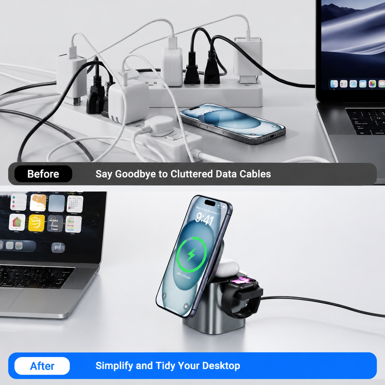6-in-1 100W GaN Fast Charging Station for iPhone 17 16 Series,with USB C Retractable Cable,Qi2 25W Magnetic Wireless Charger Desktop Stand for iWatch/for Samsung Galaxy Watch/Airpods