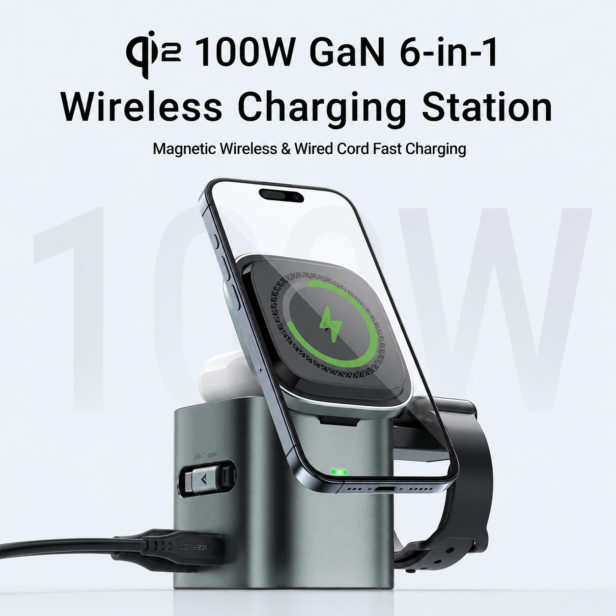 6-in-1 100W GaN Fast Charging Station for iPhone 17 16 Series,with USB C Retractable Cable,Qi2 25W Magnetic Wireless Charger Desktop Stand for iWatch/for Samsung Galaxy Watch/Airpods