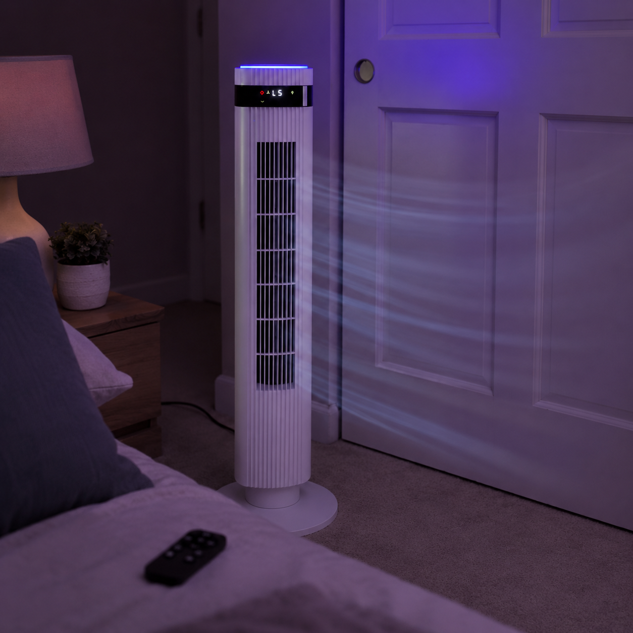 Portable Tower Fan with Remote Control, 20+ Airflow Settings, Digital Display & Blue LED Light, Slim Quiet Cooling Floor Fan for Bedroom, Office, Dorm Room and Living Room