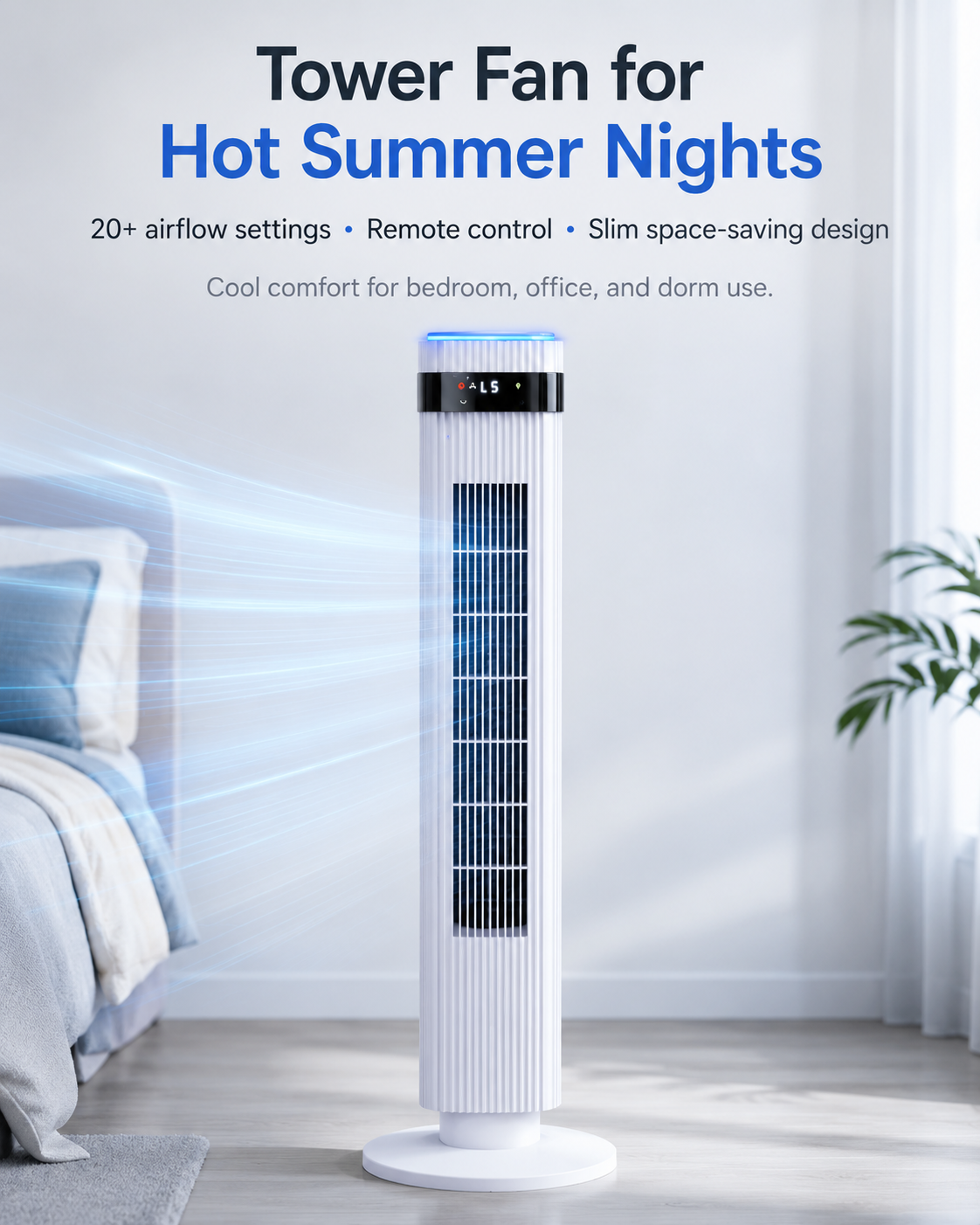Portable cooling tower fan for hot summer nights with remote control and blue LED light