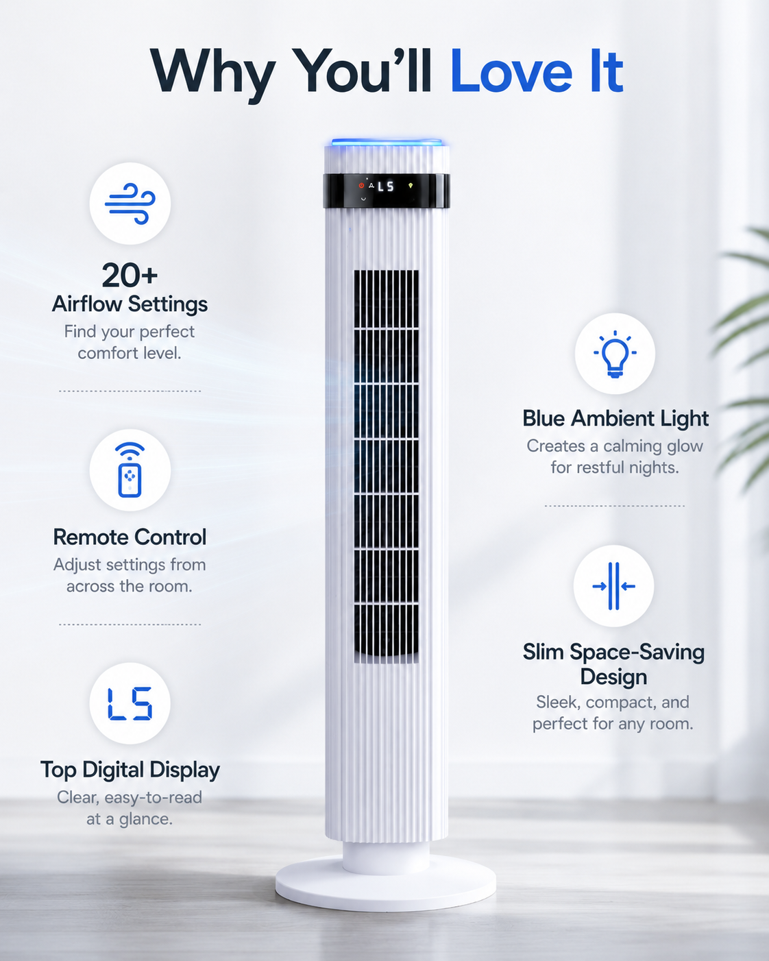 Tower fan feature overview with airflow settings remote control display and LED light