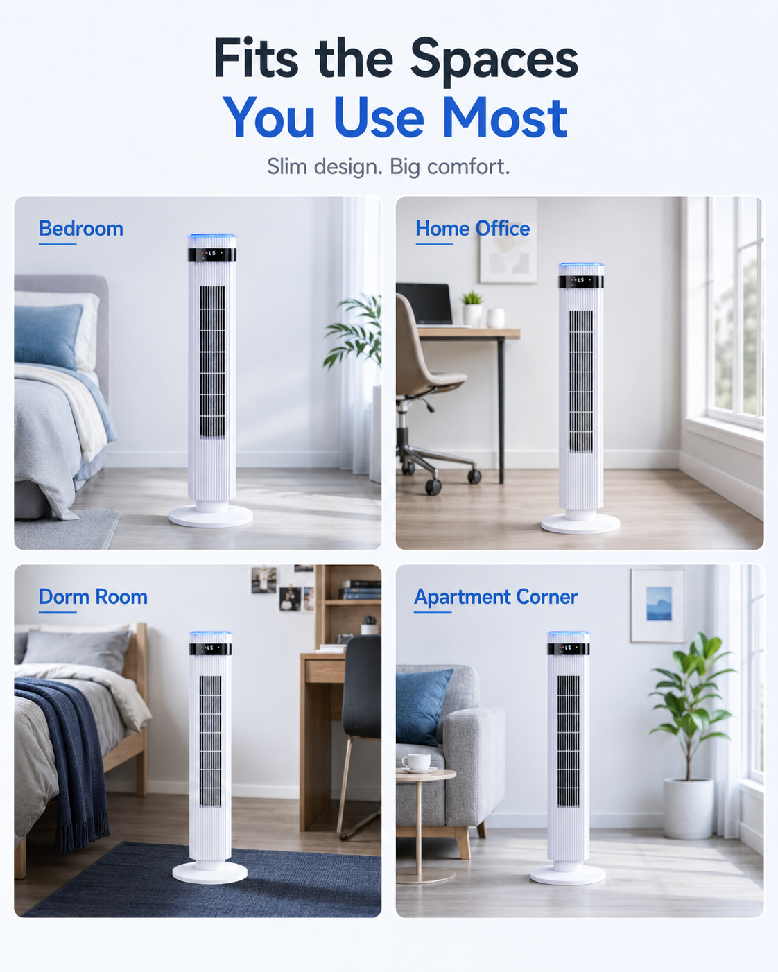 Slim tower fan for bedroom home office dorm room and apartment corner