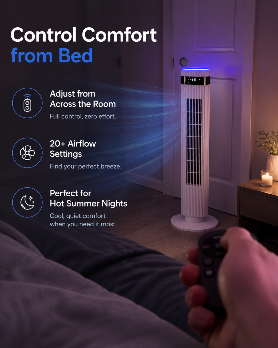 Bedside tower fan with remote control for hot summer nights