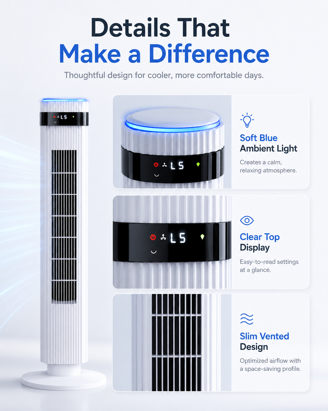 Tower fan detail close up with blue ambient light digital display and air outlet grille