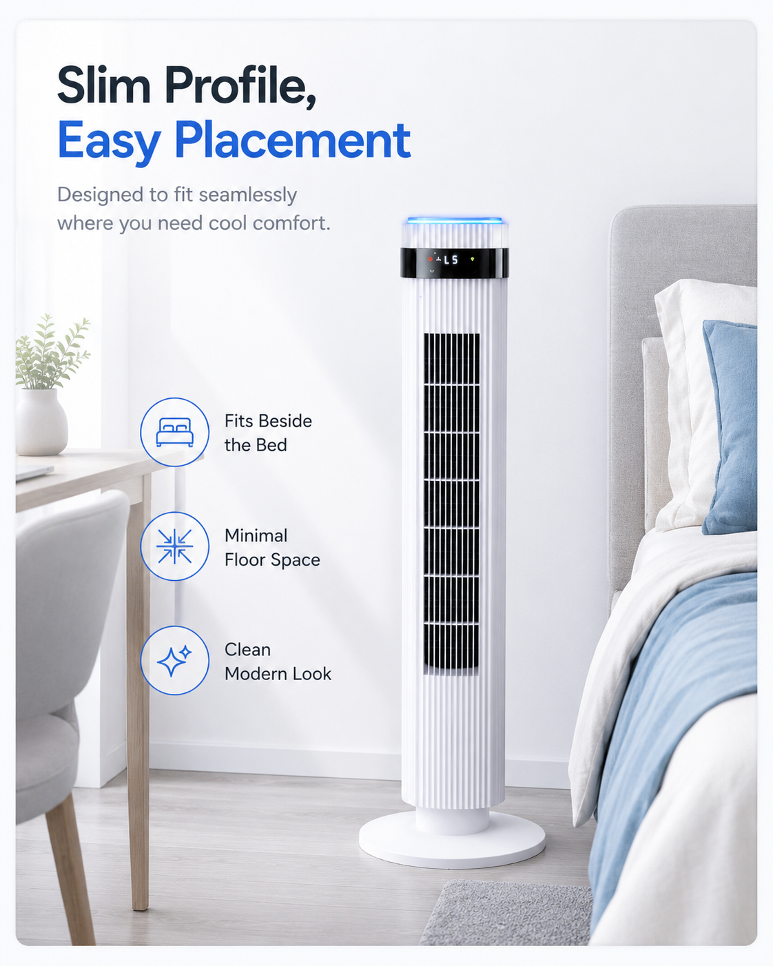 Slim tower fan placed beside bed with minimal floor space