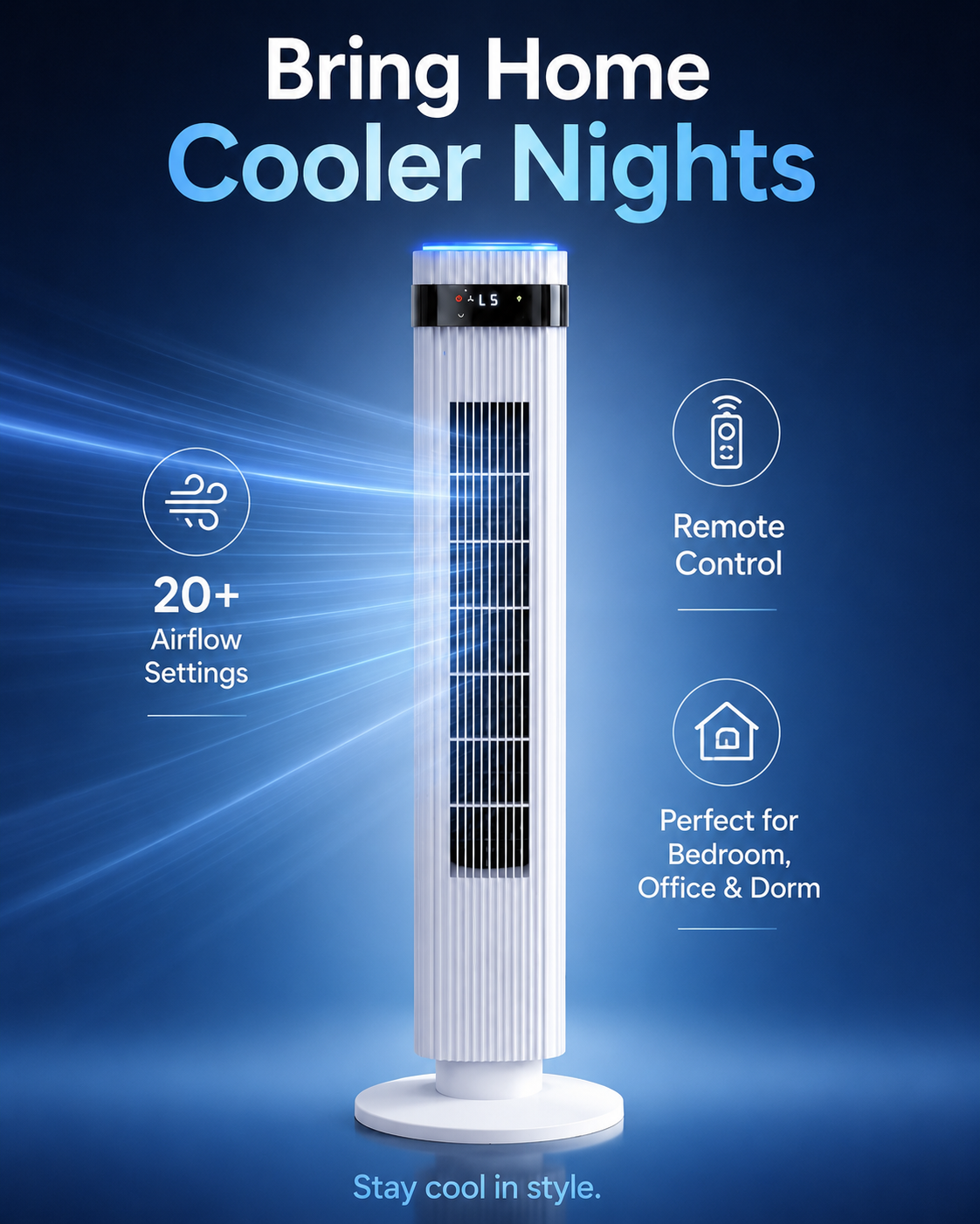 Final product banner for cooling tower fan with remote control and 20 airflow settings