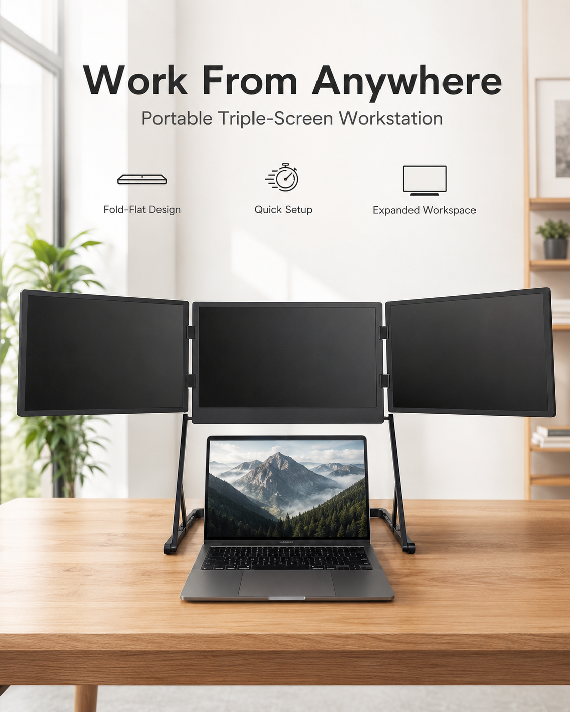 Portable triple-screen laptop workstation for remote work and expanded workspace