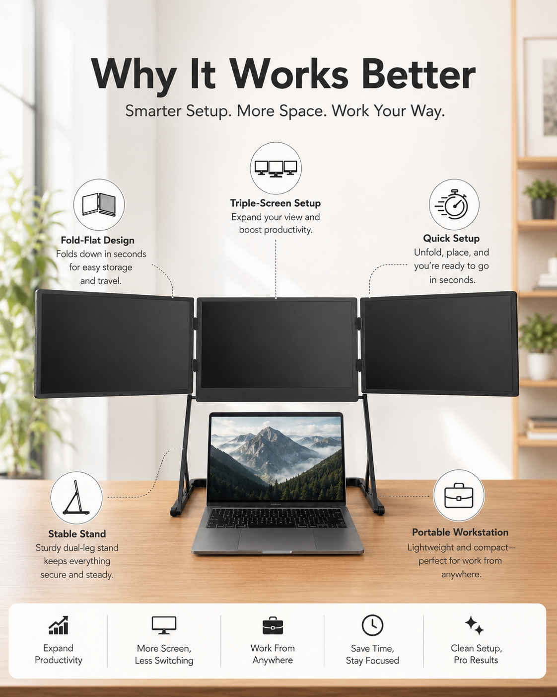 Triple screen workstation feature overview with fold flat design quick setup and stable stand