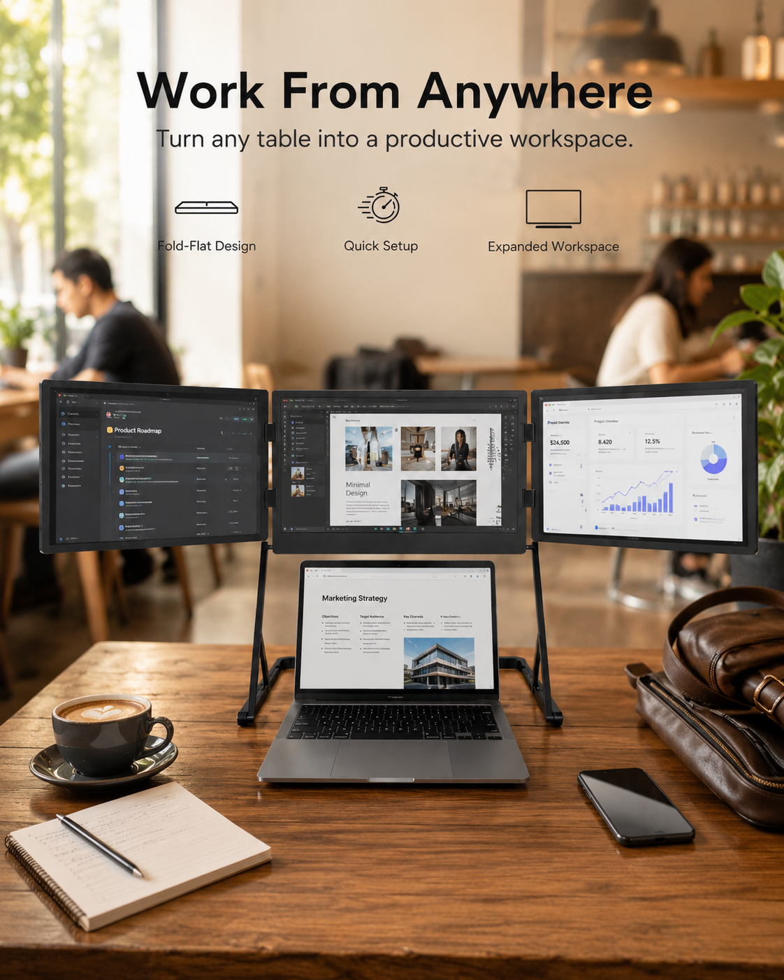 Portable triple screen workstation used on a cafe table for remote work
