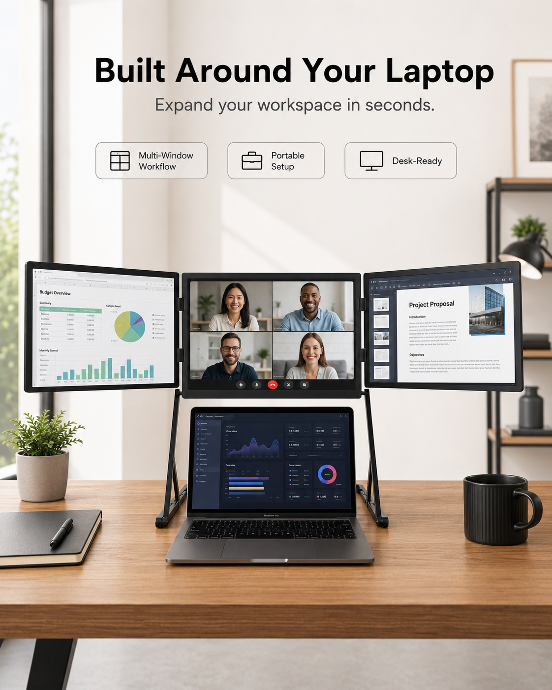 Portable multi screen laptop setup for meetings reports projects and productivity