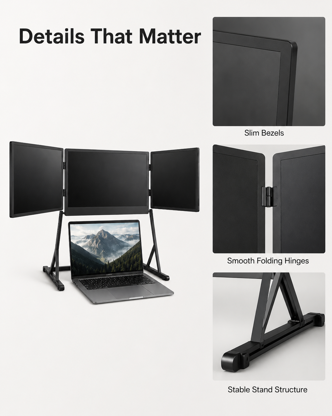 Triple screen workstation details showing slim bezels folding hinges and stable stand structure