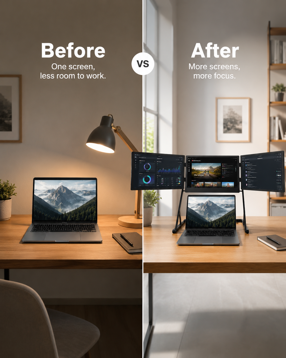 Before and after comparison showing laptop only versus expanded triple screen workstation