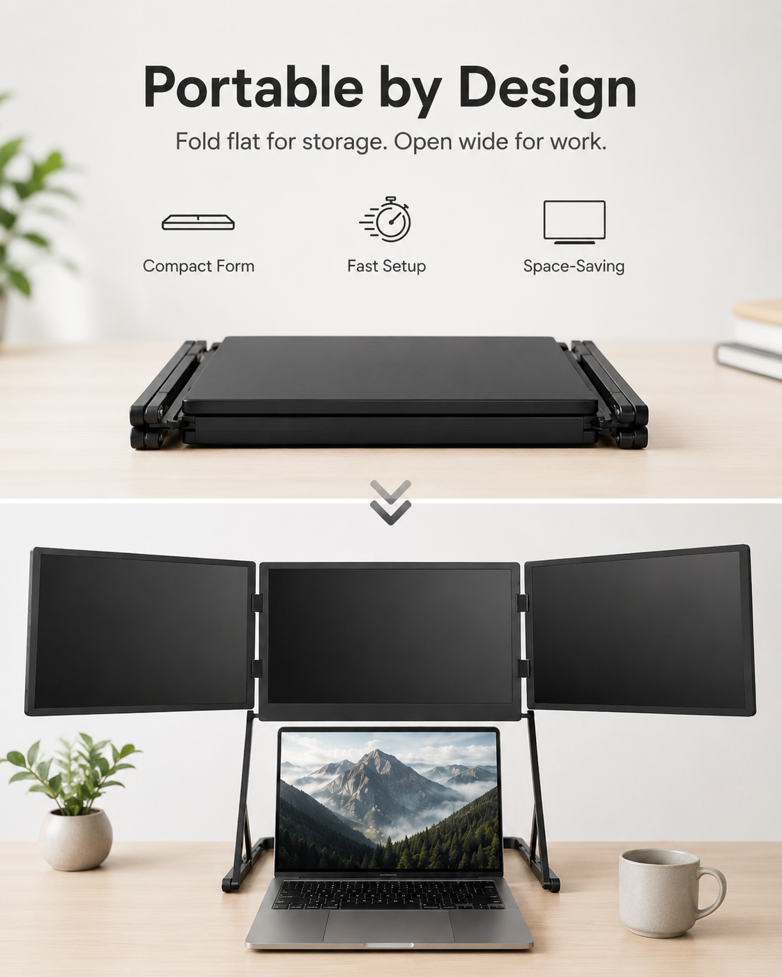 Fold flat portable triple screen workstation for storage and quick setup