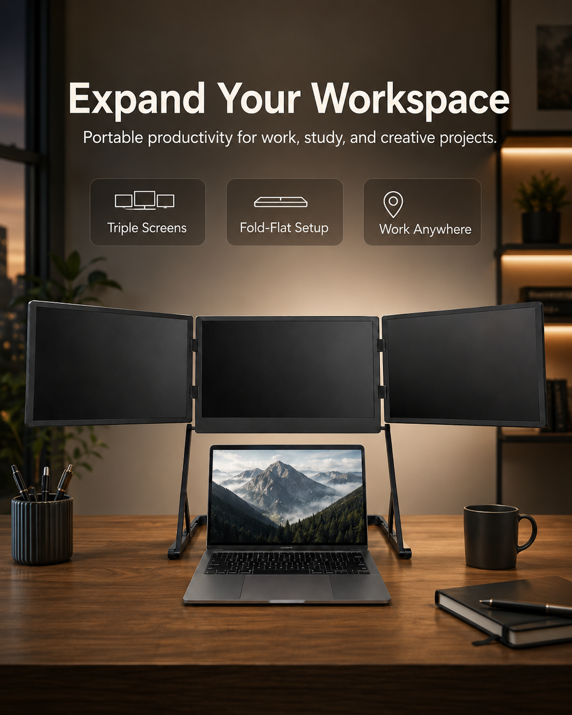 Final product banner for portable triple screen laptop workstation