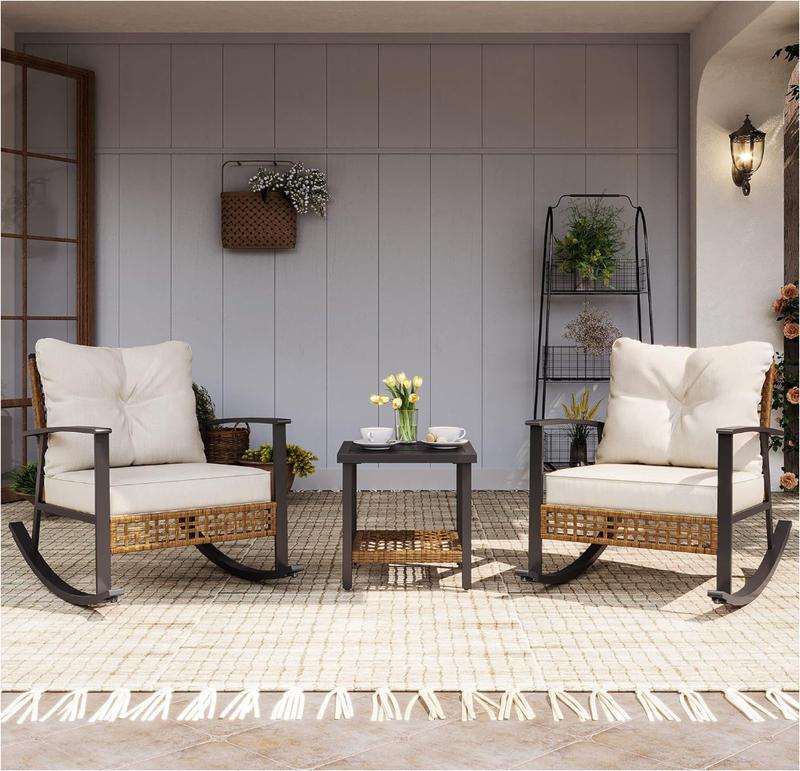 3-Piece Rocking Bistro Set, Outdoor Patio Furniture with Thick Cushions and 2-Tier Coffee Table