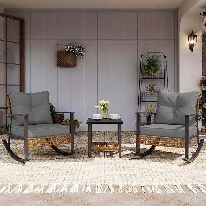 3-Piece Rocking Bistro Set, Outdoor Patio Furniture with Thick Cushions and 2-Tier Coffee Table