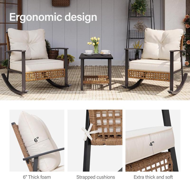 3-Piece Rocking Bistro Set, Outdoor Patio Furniture with Thick Cushions and 2-Tier Coffee Table