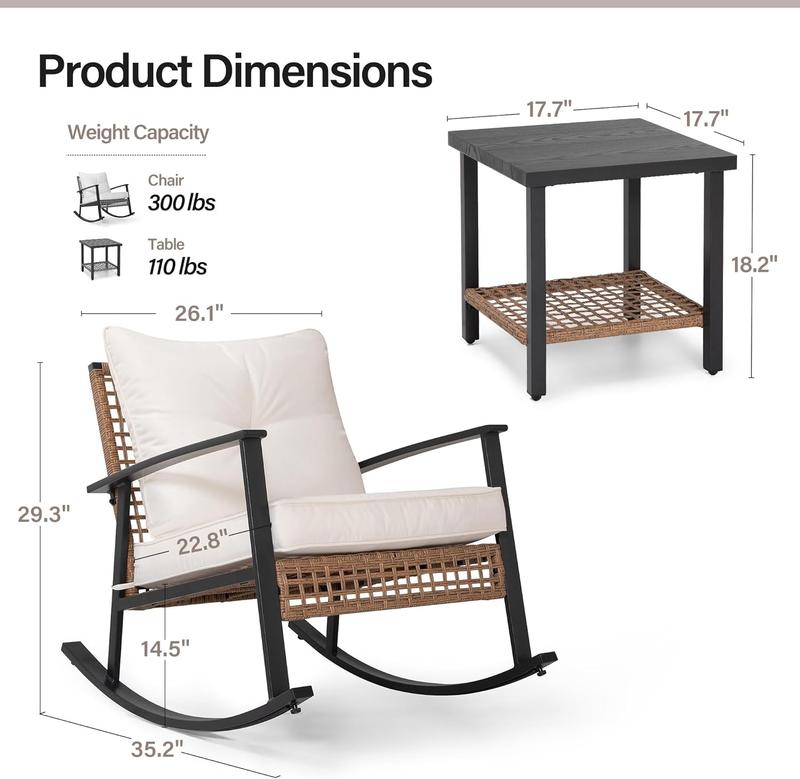 3-Piece Rocking Bistro Set, Outdoor Patio Furniture with Thick Cushions and 2-Tier Coffee Table