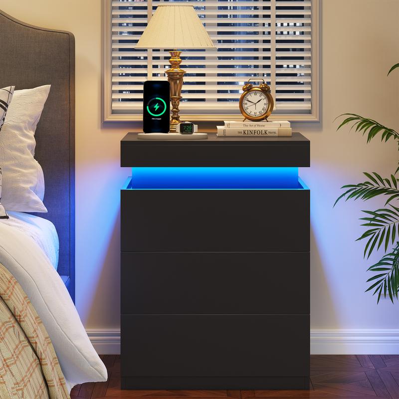 TryLazy Furniture Nightstand with Charging Station and LED Lights