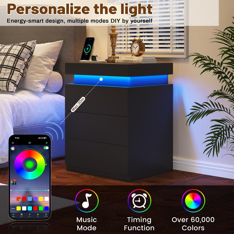 TryLazy Furniture Nightstand with Charging Station and LED Lights