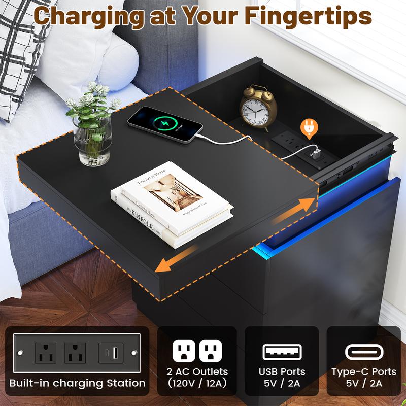 TryLazy Furniture Nightstand with Charging Station and LED Lights