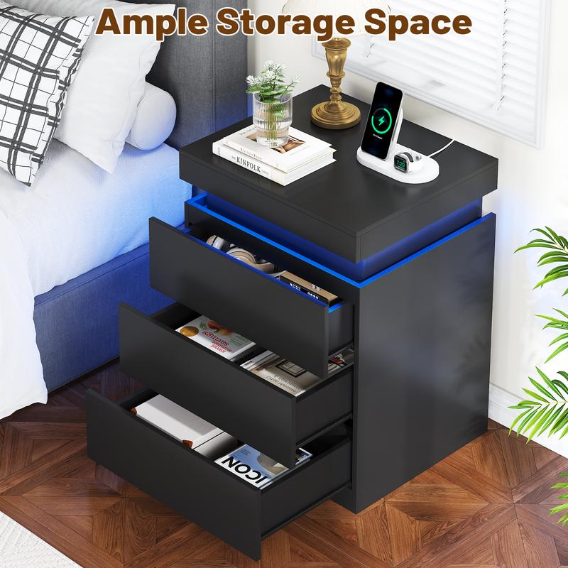 TryLazy Furniture Nightstand with Charging Station and LED Lights