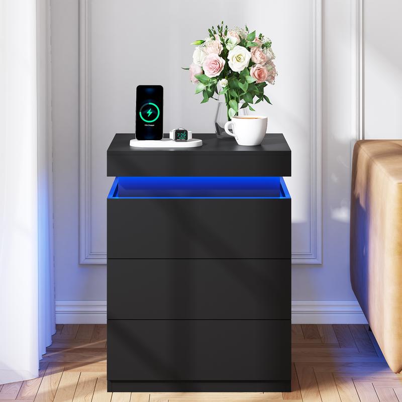 TryLazy Furniture Nightstand with Charging Station and LED Lights