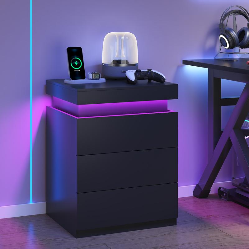 TryLazy Furniture Nightstand with Charging Station and LED Lights