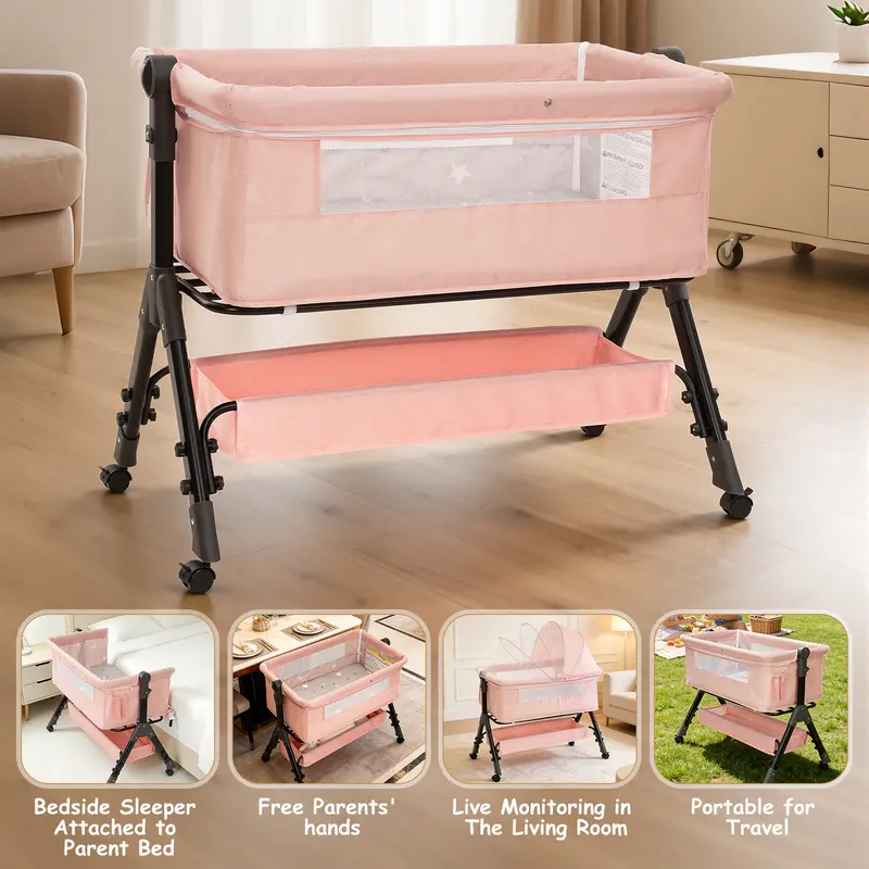 Baby Bassinet Crib-Bedside Sleeper with Storage Basket and Mosquito Net