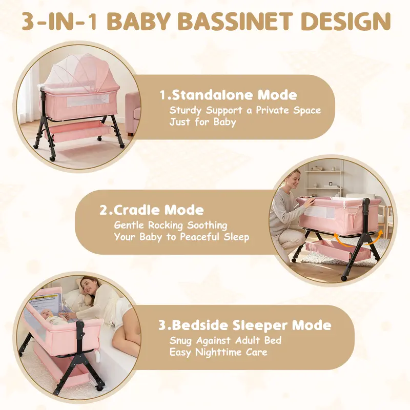 Baby Bassinet Crib-Bedside Sleeper with Storage Basket and Mosquito Net