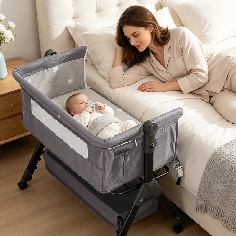 Baby Bassinet Crib-Bedside Sleeper with Storage Basket and Mosquito Net