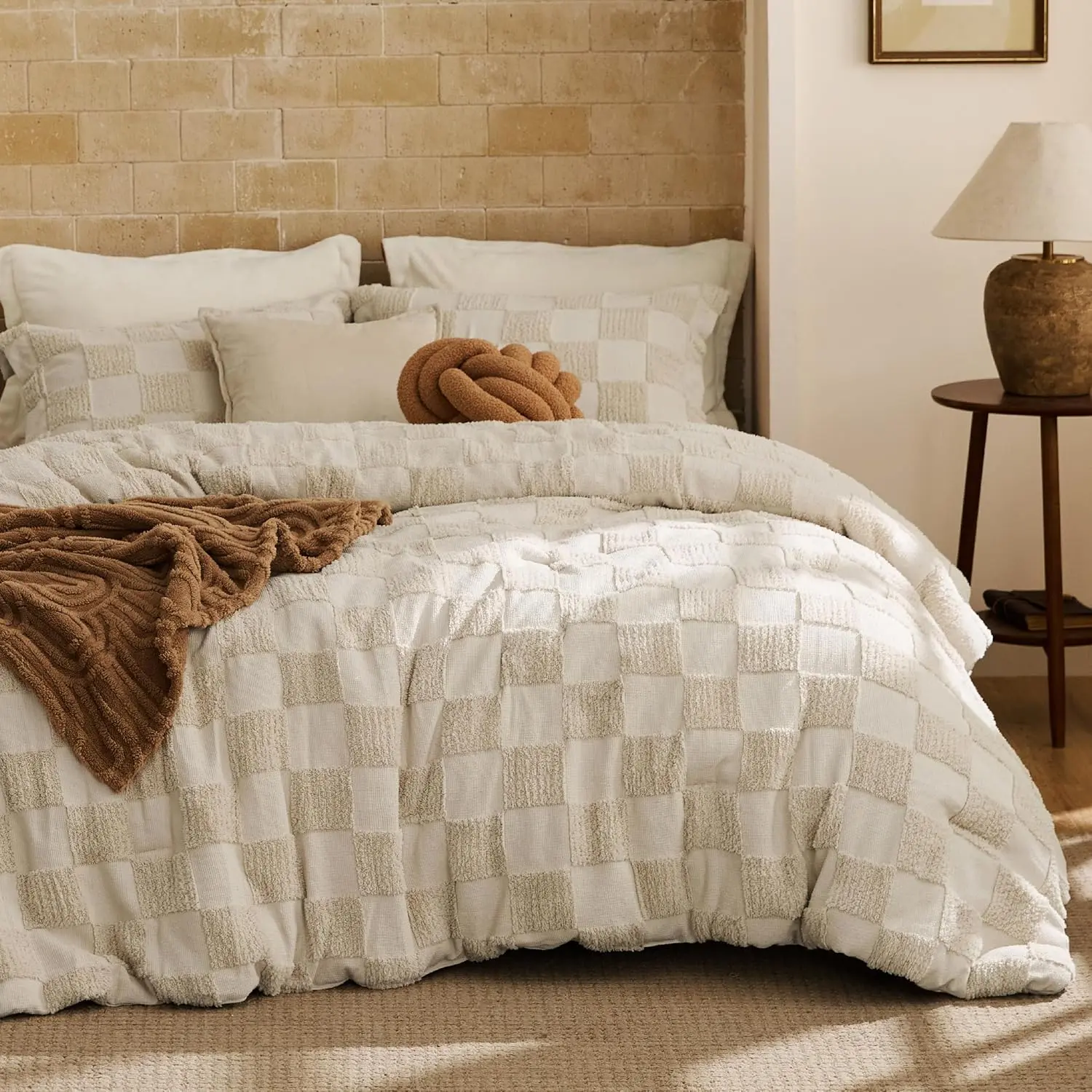 Boho Tufted Bed Set-3 Pieces, 1 Plaid Geometric Comforter and 2 Pillow Shams