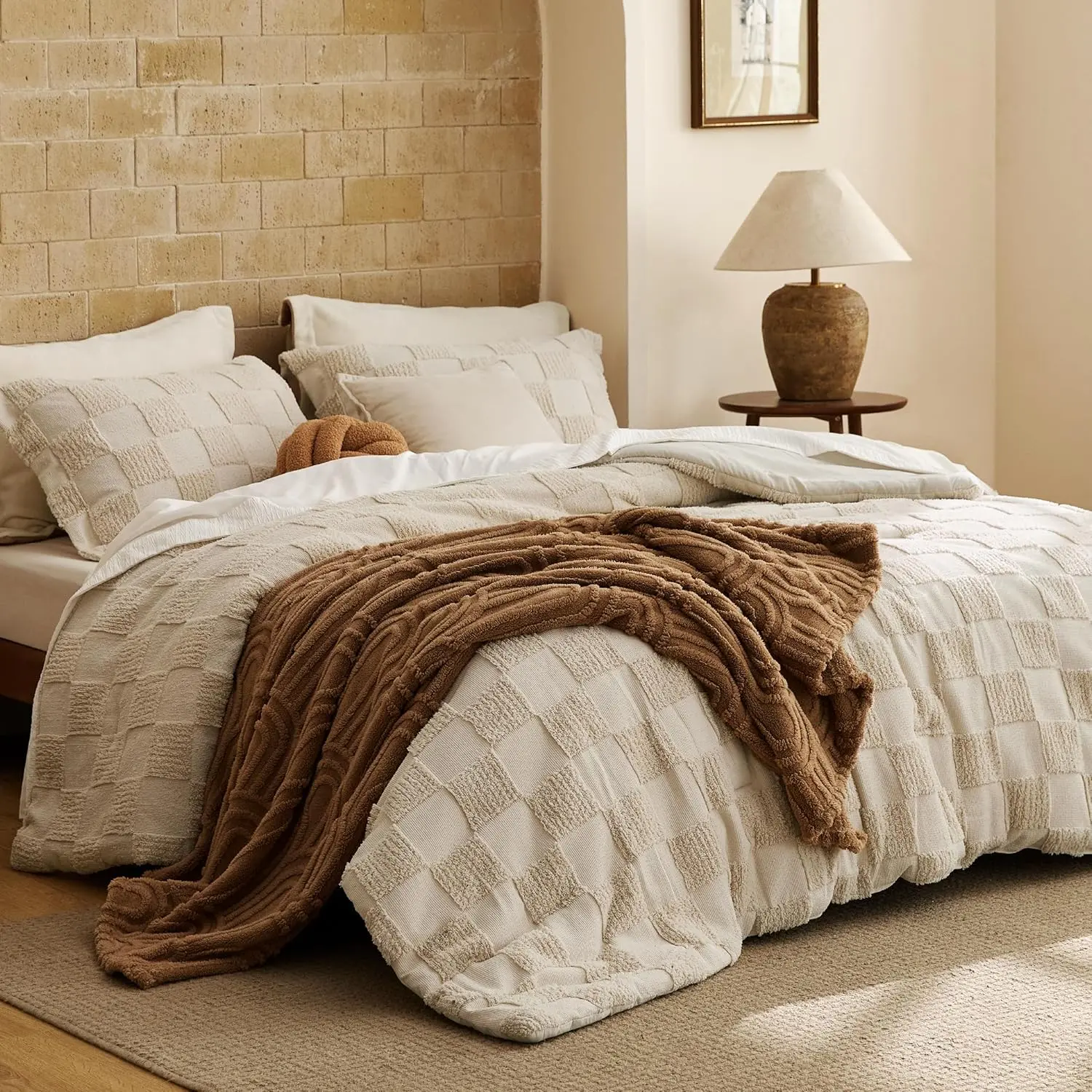 Boho Tufted Bed Set-3 Pieces, 1 Plaid Geometric Comforter and 2 Pillow Shams