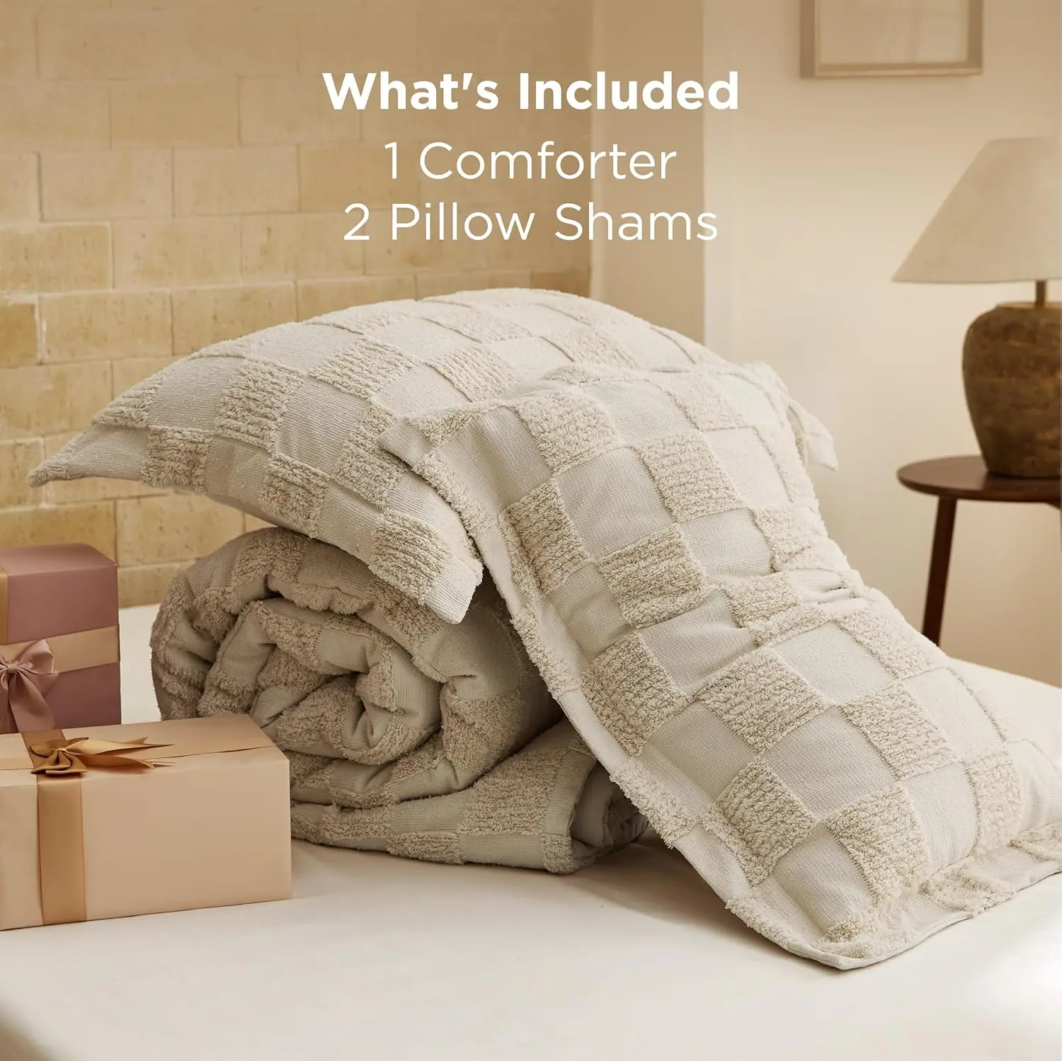 Boho Tufted Bed Set-3 Pieces, 1 Plaid Geometric Comforter and 2 Pillow Shams