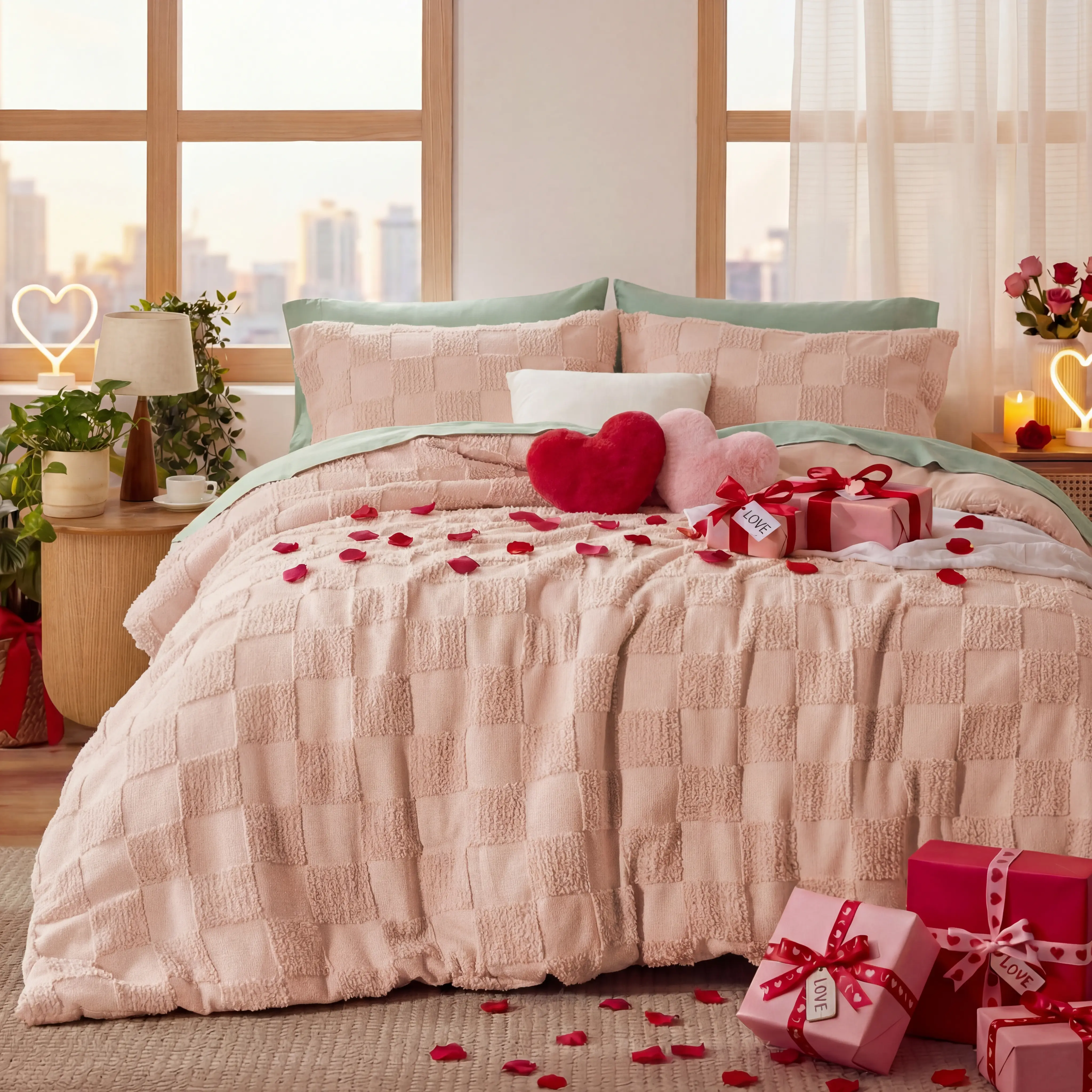 Boho Tufted Bed Set-3 Pieces, 1 Plaid Geometric Comforter and 2 Pillow Shams