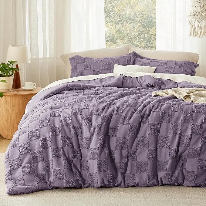 Boho Tufted Bed Set-3 Pieces, 1 Plaid Geometric Comforter and 2 Pillow Shams