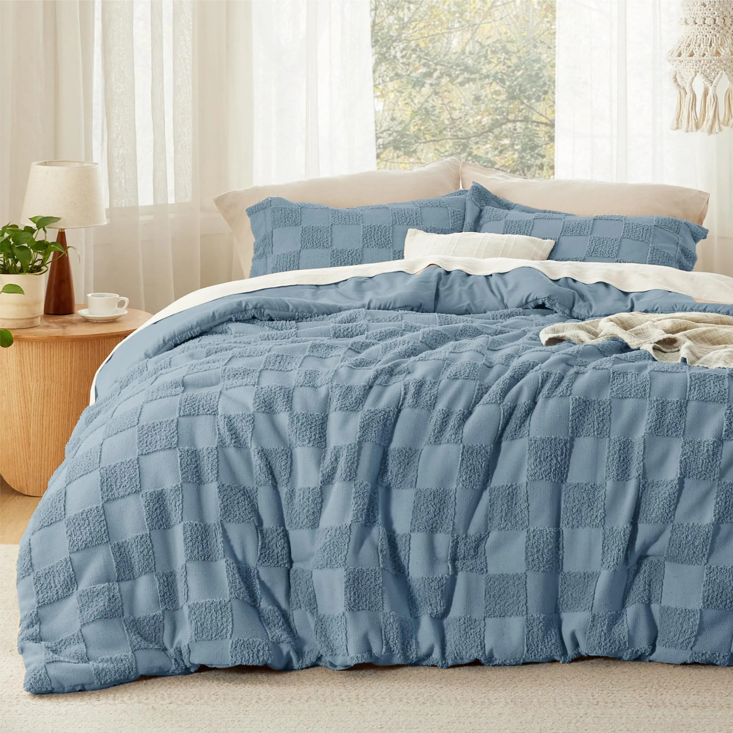 Boho Tufted Bed Set-3 Pieces, 1 Plaid Geometric Comforter and 2 Pillow Shams