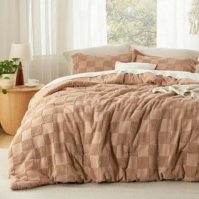 Boho Tufted Bed Set-3 Pieces, 1 Plaid Geometric Comforter and 2 Pillow Shams