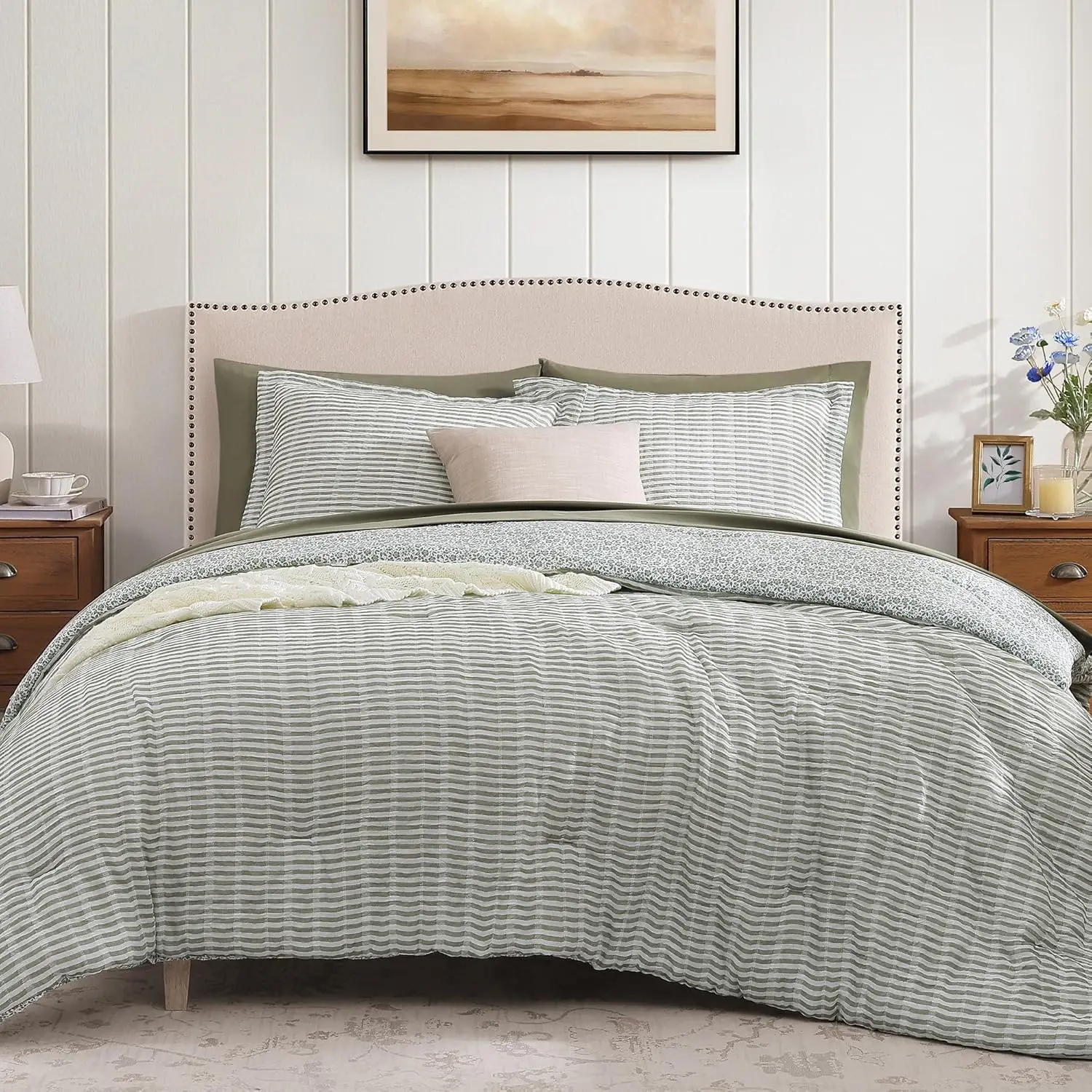 Full Comforter Set - 7 Pieces Green Gauze Muslin Bedding Sets for All Seasons