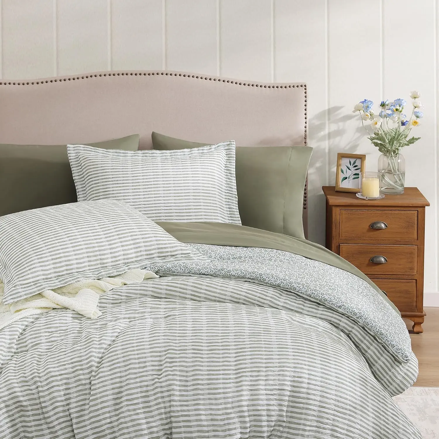 Full Comforter Set - 7 Pieces Green Gauze Muslin Bedding Sets for All Seasons