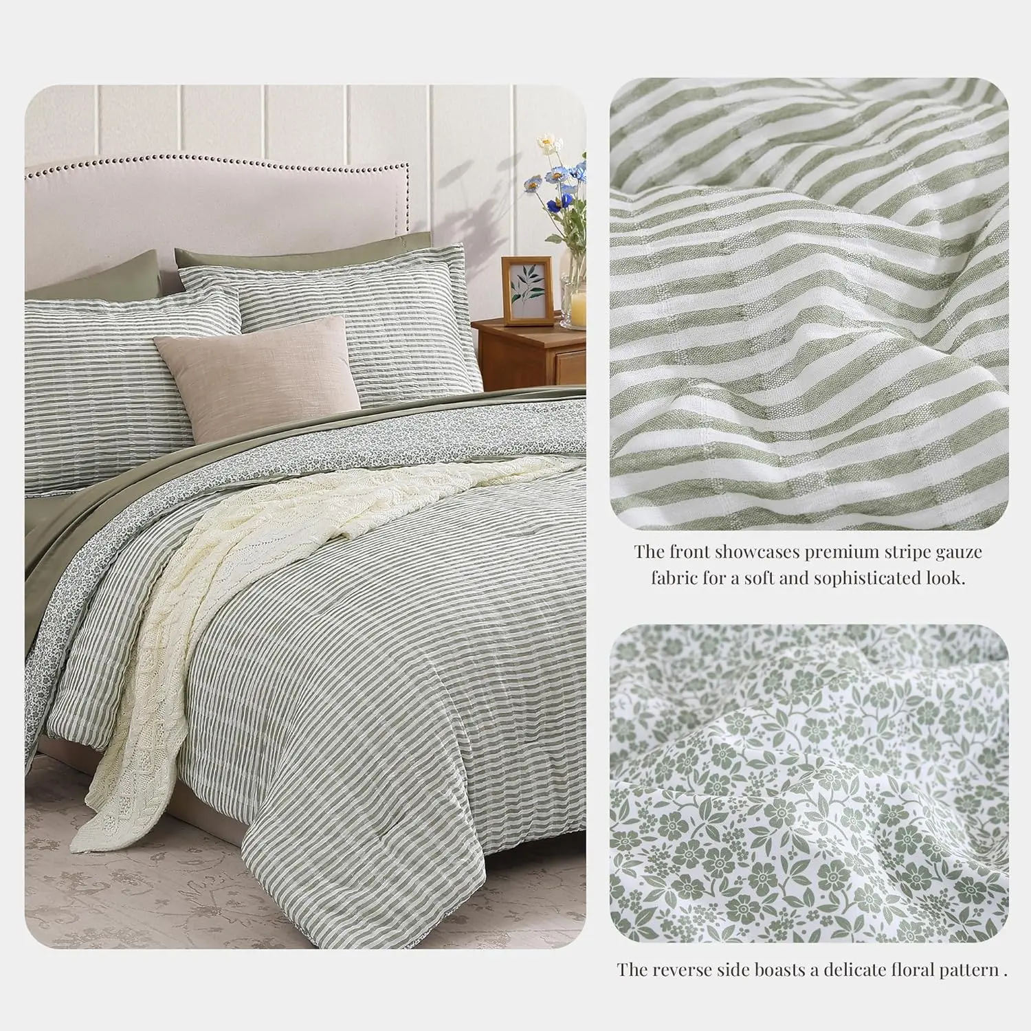 Full Comforter Set - 7 Pieces Green Gauze Muslin Bedding Sets for All Seasons