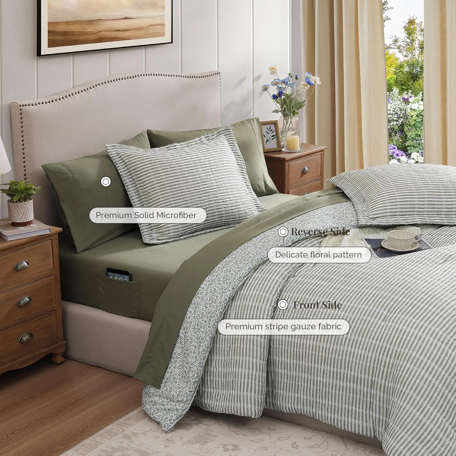 Full Comforter Set - 7 Pieces Green Gauze Muslin Bedding Sets for All Seasons