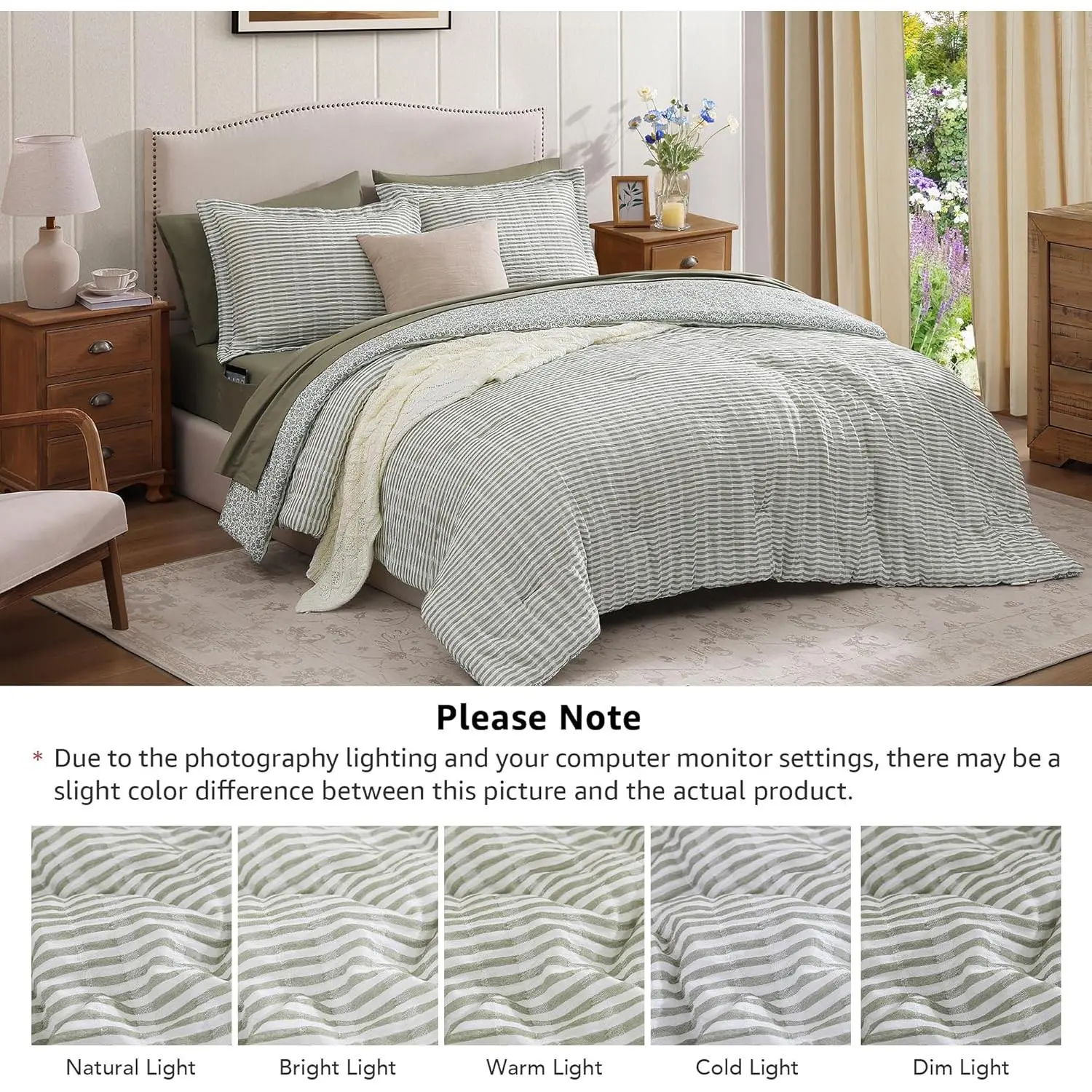 Full Comforter Set - 7 Pieces Green Gauze Muslin Bedding Sets for All Seasons