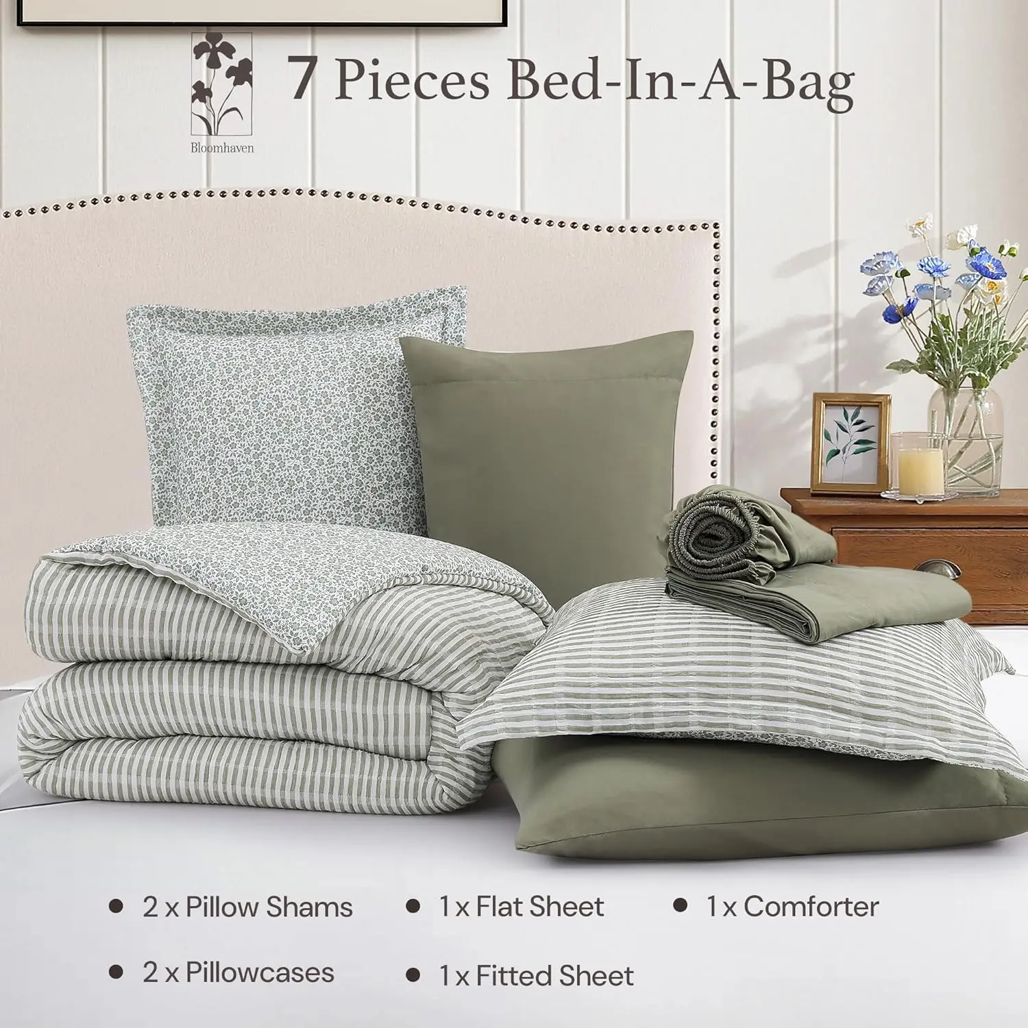 Full Comforter Set - 7 Pieces Green Gauze Muslin Bedding Sets for All Seasons